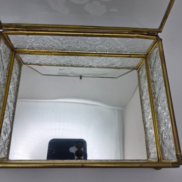Vintage Glass Mirrored Jewelry Trinket Box Etched Rose Brass Mid Century - Picture 10 of 14